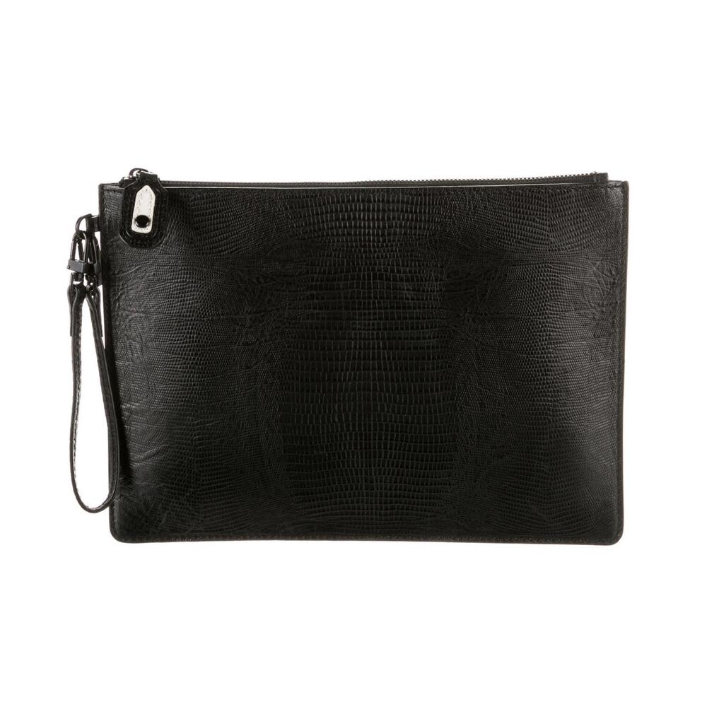 Alice + Olivia Lizard Embossed Leather Flat Clutch with Strap